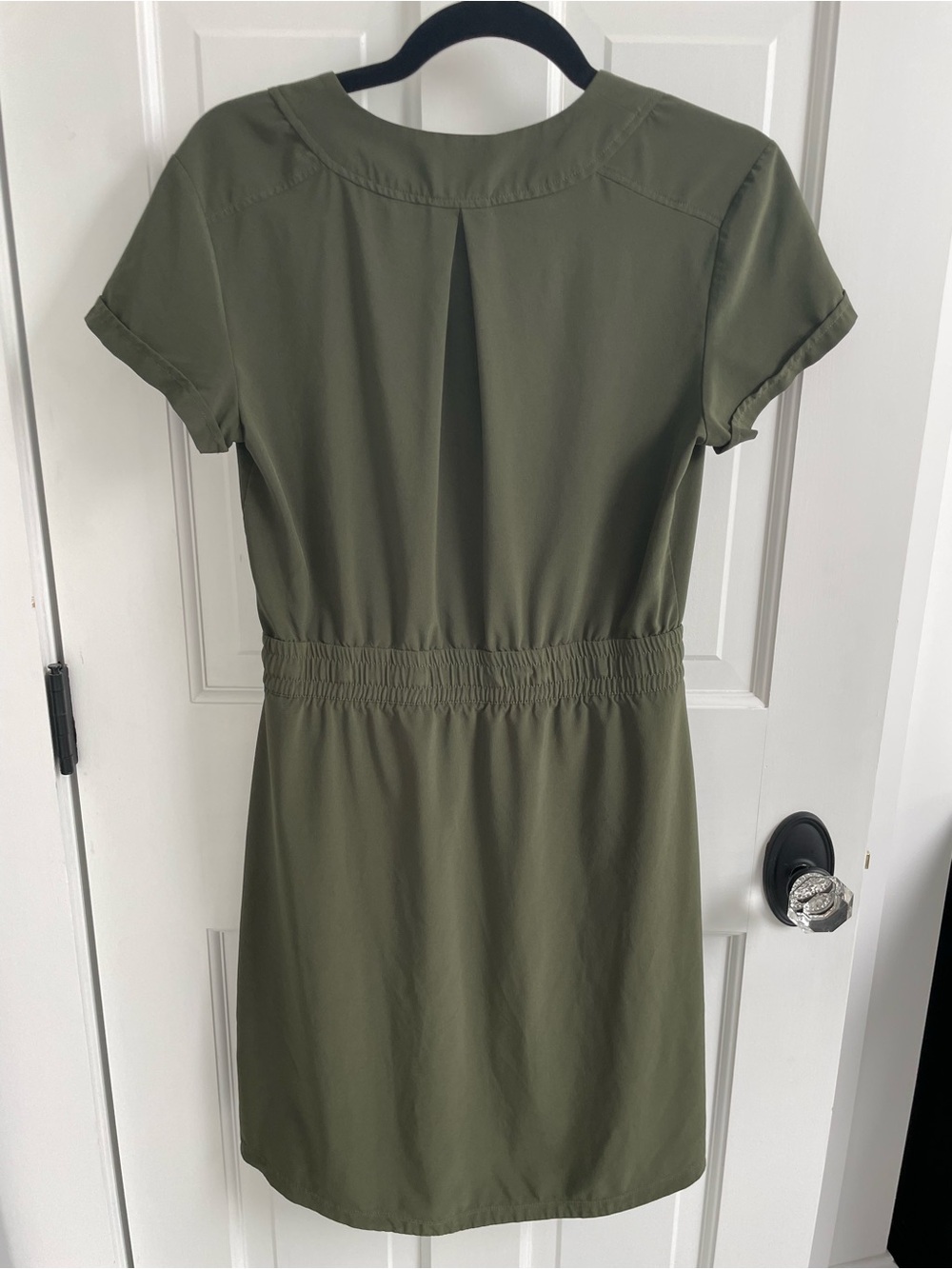 REI Olive Green V-Neck Drawstring Mini Dress - Picture 2 of 3